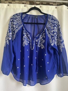 American Eagle Outfitters Royal Blue Embroidered Peasant Blouse Sz L